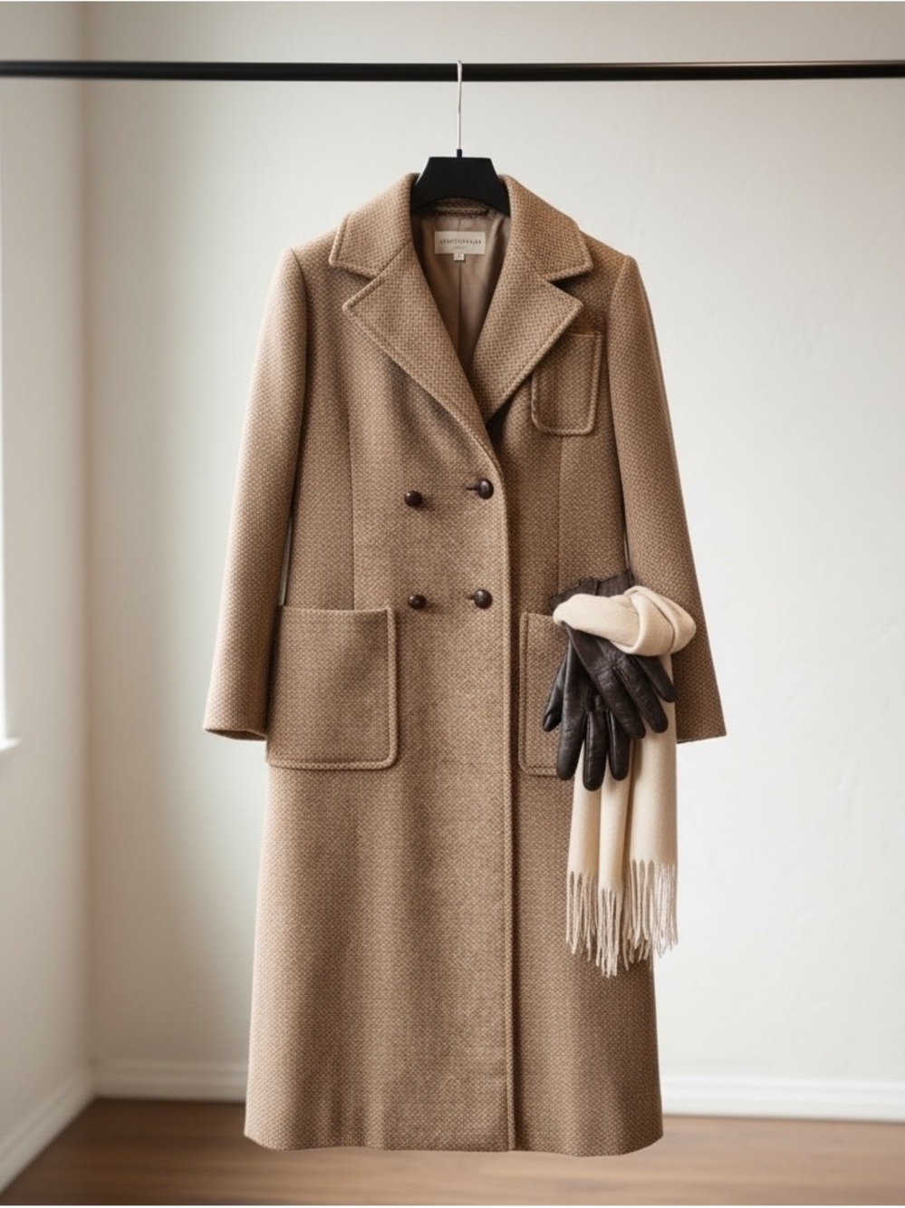 Oscar De La Renta Women's Tweed Tan Beige Trench Pea Coat Jacket Size Large / 12